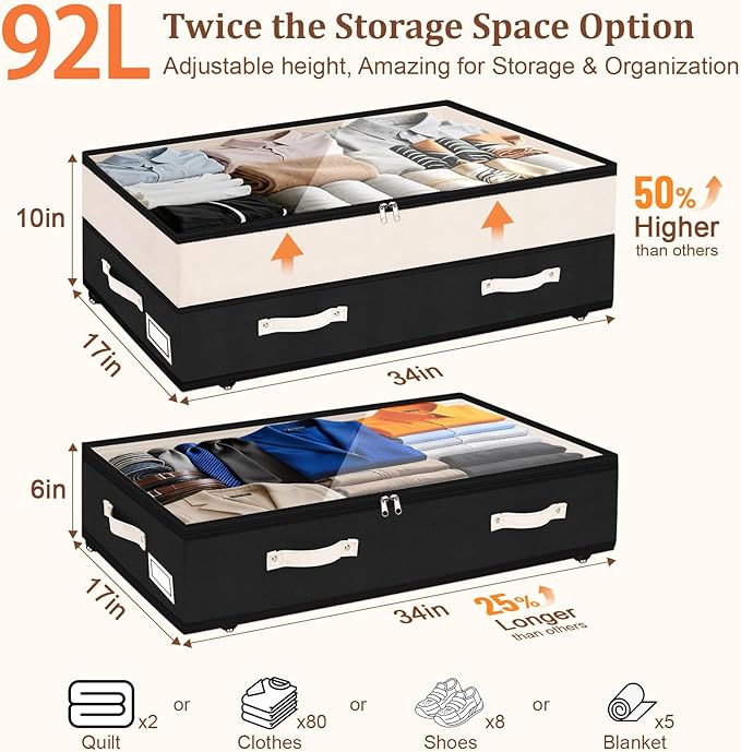 Dolicer 2 Pack Under Bed Storage with Wheels, 6in-10in Height Adjustable Underbed Storage Containers, 92L XXXL Under Bed Drawers Rolling Bin with Clear Lids for Dorm Shoes Clothes Organizers(Black)