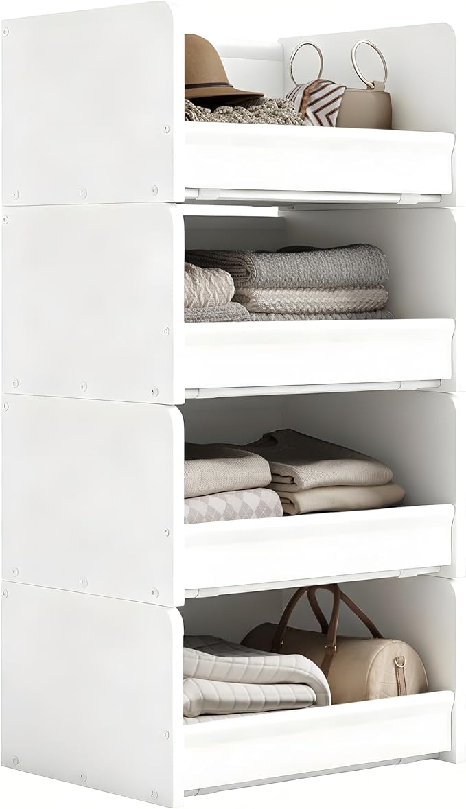 FOUCSSOMEI 4-Tier Stackable Closet Organizers and Storage, Closet Shelves – Heavy-Duty Stackable Closet Darwers Wood & Metal, Easy Assembly, Space-Saving,White, Patent Design