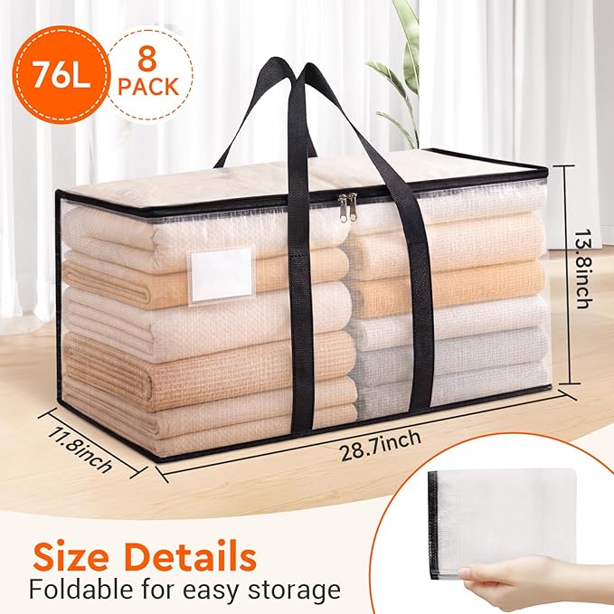 BlissTotes Moving Bags, 76L 8-Pack Storage Bags, Moving Box Heavy Duty Extra Large, Moving Totes with Zipper, Large Packing Bag with Reinforced Handles, Boxes for Packaging Moving