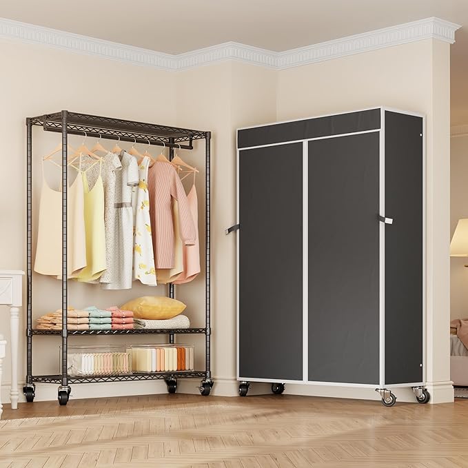 Higeego H4 Plus Rolling Garment Rack with Cover, Heavy Duty Clothes Rack with Wheels, Portable Closet for Hanging Clothes, Wardrobe Closets Organizer Storage, Black Closet Rack with Black Fabric Cover