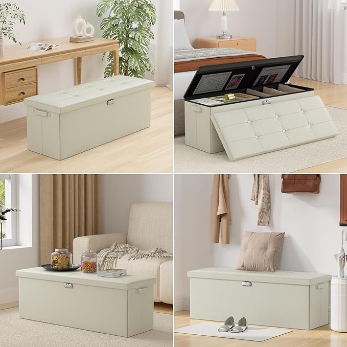 DocSafe Storage Ottoman Bench,Fireproof＆Waterproof Folding Bench with Lock(15”x 43”x15”),Leather Storage Chest with Handles＆2 Extra Boxes,Ottoman Safe for Bedroom,Living Room,Home Office,Beige