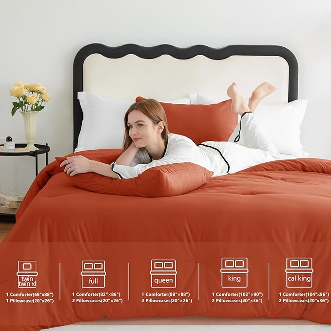 CozyLux Terracotta King Size Comforter Set, 3 Pieces Burnt Orange Rust Solid Breathable Quilted Bedding Sets, Luxury Fluffy Soft Bed Set with Down Alternative Comforter and 2 Pillowcases All Season