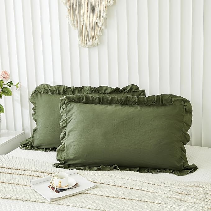 Shabby Chic Olive Green Ruffled Fringe Set of 2 Pillowcases - King (20''x36'')