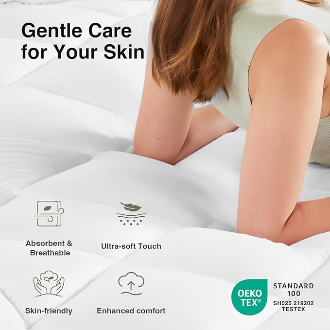 Novilla Queen Mattress Topper, Extra Thick Pillow Top - Overfilled Hotel Luxury Mattress Pad Cover for Back Pain Relief, Breathable Fluffy Down Alternative Fill, 8-21” Deep Pocket, Green-White