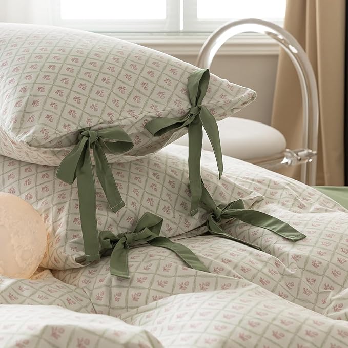 mixinni Red Floral Duvet Cover Set King Size - 100% Cotton Green Grid Bedding with Bow Ties, 3PC Cottagecore Comforter Cover (1 Duvet Cover + 2 Pillowcases) Vintage Garden Style Soft Aesthetic