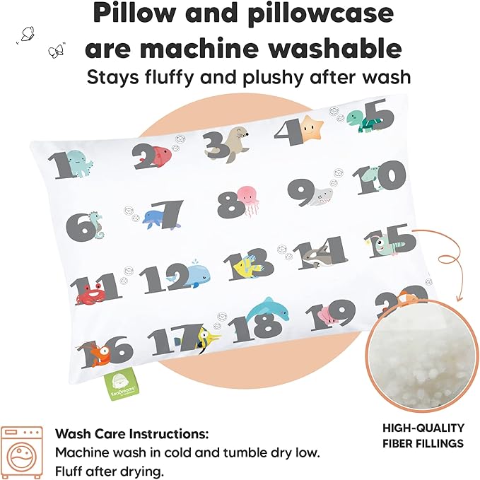 Toddler Pillow with Pillowcase - 13x18 My Little Dreamy Kids Travel Bed Pillows for Sleeping, Organic Cotton Small Pillowcase, Soft & Breathable, Machine Washable, Toddlers 2-5 years old (Kea123)