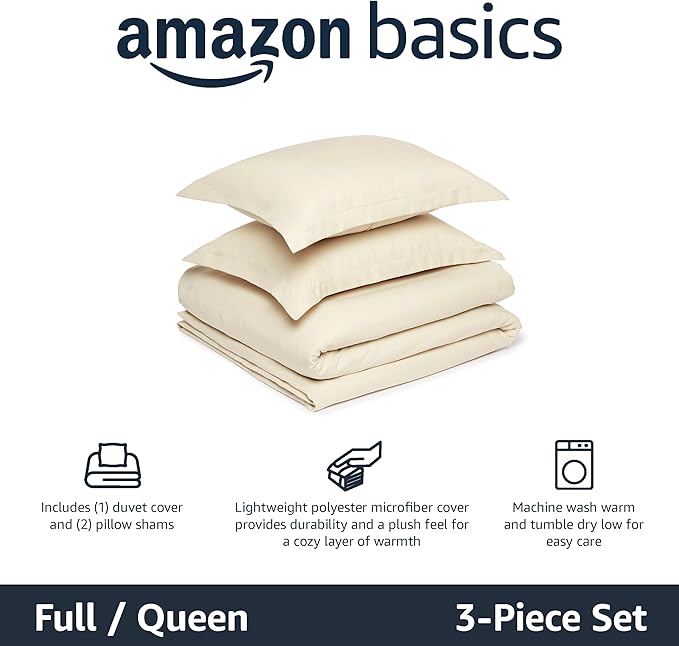 Amazon Basics Lightweight Microfiber 3-Piece Duvet Cover Set with Zipper Closure, Full/Queen, Beige, Solid