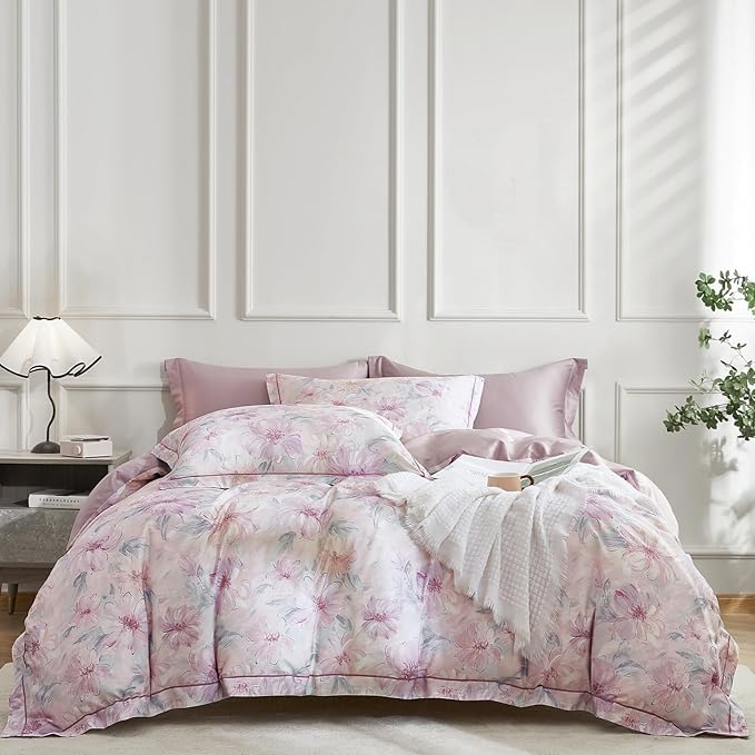 OAITE Duvet Cover Set Queen Size Floral Pattern 600 Thread Count Ultra Soft 100% Long Staple Cotton Duvet Cover Sets 3-PC, Breathable Duvet Cover with Zipper Closure & Corner Ties