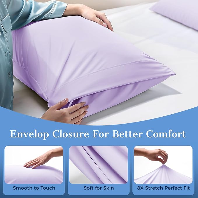 Cooling Pillow Cases 2 Pack King Size Cooling Pillowcases for Hot Sleeper Q-Max>0.5, Hydrates Skin & Hair, Reduces Wrinkles & Frizz, Soft Smooth Silky Pillowcases Envelope Set of 2, Lavender