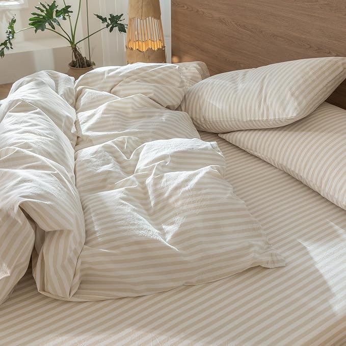MooMee Striped Duvet Cover Set 100% Washed Cotton Linen Like Textured Breathable Durable Soft Comfy (Almond Milk Grey Classic Stripes, King 104"x90")