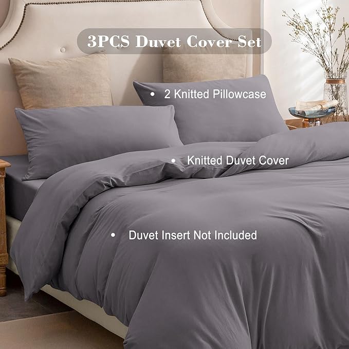 PURE ERA Jersey Knit Duvet Cover Set 100% T-Shirt Cotton Super Soft Comfy 3pc Bedding Set with Zipper Closure (Solid Grey Purple, King, 104'' x 90'')