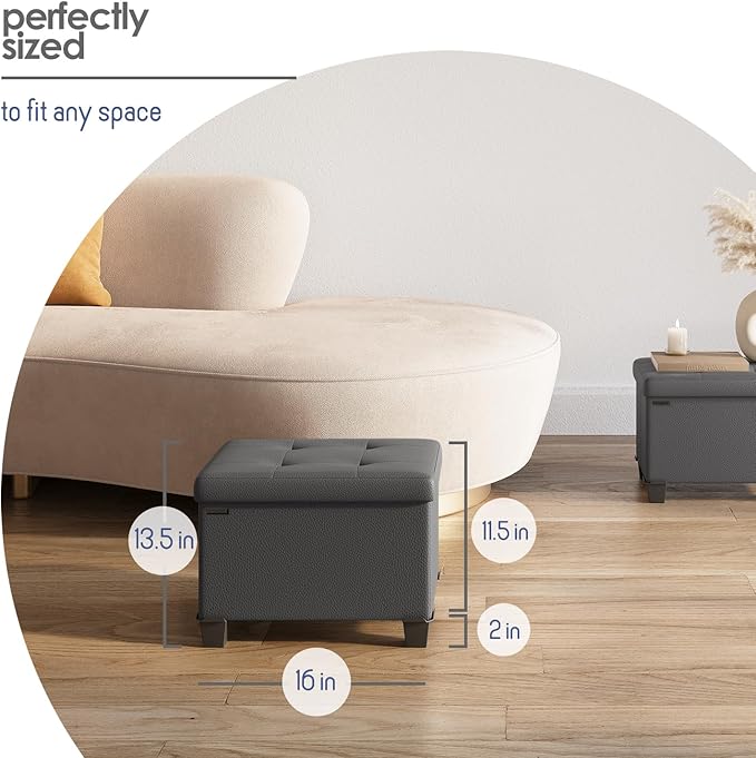 Storage Ottoman Cube with Small Bin, 16-in Square Ottoman with Storage for Living Room and Bedroom, Small Ottomans Foot Rest, Fabric Foot Stools Ottomans Max 330lbs, Grey