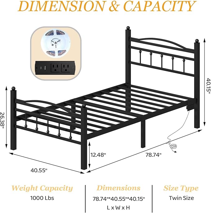 Jenmit Twin Bed Frames with Headboard, LED Bed Frame with Charging Station, Metal Platform, Under-Bed Storage, No Box Spring Needed, Noise Free, Easy Assembly, Black