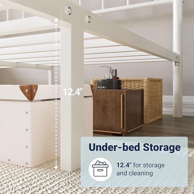 Allewie 14 Inches Queen Size Metal Platform Bed Frame with Victorian Style Curved Iron-Art Headboard/Footboard, Easy Assembly, Under Bed Storage, No Box Spring Required, Cream White