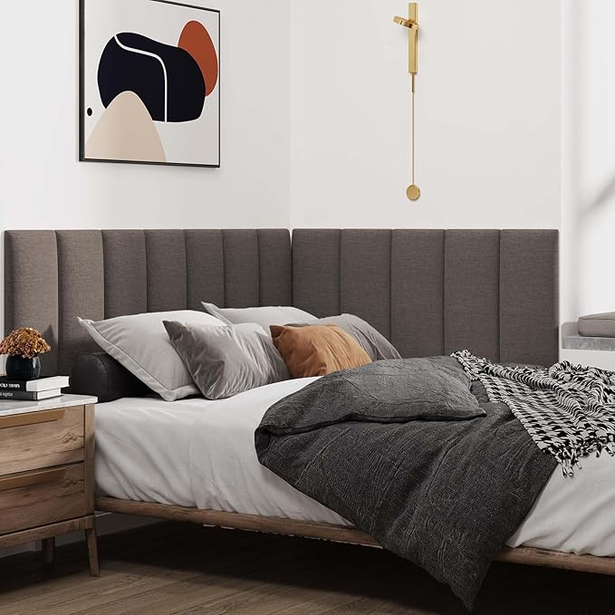 IFNOW Upholstered Wall Mounted Headboard, 3D Soundproof Wall Panels Peel and Stick for Queen Size, Reusable and Removable Tufted Bed Headboard in Brown (9 Panels, 10" x 24")