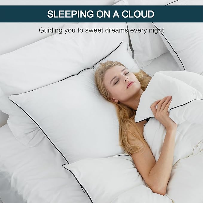Down Pillows Breathable Cotton Shell Cover,Luxury Hotel Collection Bed Pillows for Sleeping,Fluffy Soft Medium Firm Down Fiber Pillows (Modern, Snowy/All Season, Queen (Pack of 2))