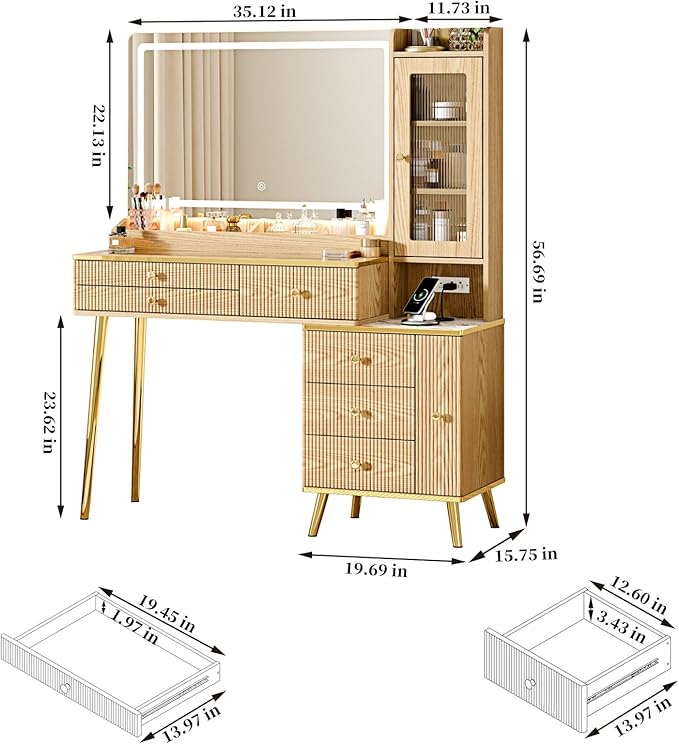 Arulvmrn Vanity Desk with 35.12" HD Lighted Mirror, 46.85" Big Modern Vanity Desk with Mirror and Lights, Makeup Vanity with 7 Drawers and Storage Shelves and Charging Station, Oak