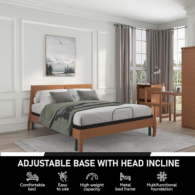 Greaton 15-inch Adjustable Bed Frame with Decorative Fabrics | Head Inclining with Wired Remote, Protective Foot Retainer Bar, 12-inch Patented Screw-in Durable Legs, Queen, White