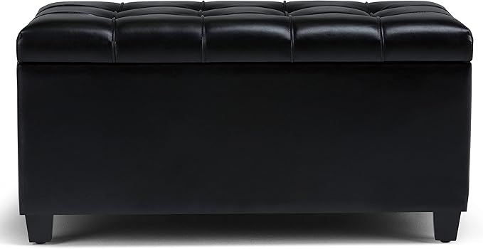 SIMPLIHOME Sienna Storage Ottoman Bench - 33 inch Wide Upholstered Vegan Leather Rectangle Storage Ottoman Bench in Satin Cream, Transitional Tufted Ottoman for Living Room or Entryway with Lift Top