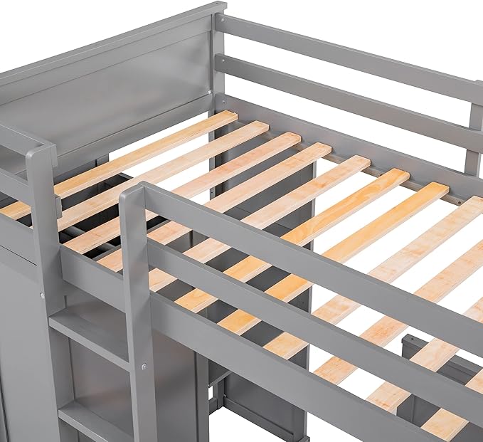 JULYFOX Twin Loft Bunk Bed with Wardrobe, Wood Bunk Bed Twin Over Twin with Tilt Ladder Study Desk Shelves 2 Bed Frames Space Saving No Box Spring Needed(Twin Over Twin,Gray)