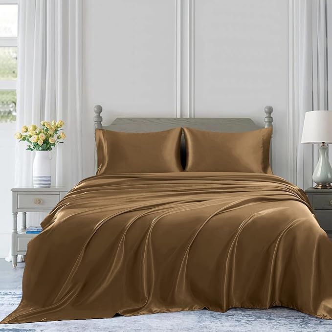 Homiest 4pcs Satin Sheets Set Luxury Silky Satin Bedding Set with Deep Pocket, 1 Fitted Sheet + 1 Flat Sheet + 2 Pillowcases (King Size, Camel Brown)