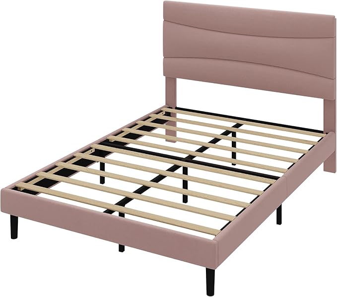 GarveeHome Full Modern Upholstered Bed Frame with Soft Padded Headboard,Sturdy Metal Steel Slat Support, Noise-Free Quiet Design,Easy Assembly,Heavy Duty Stable Bed Frame(Pink)