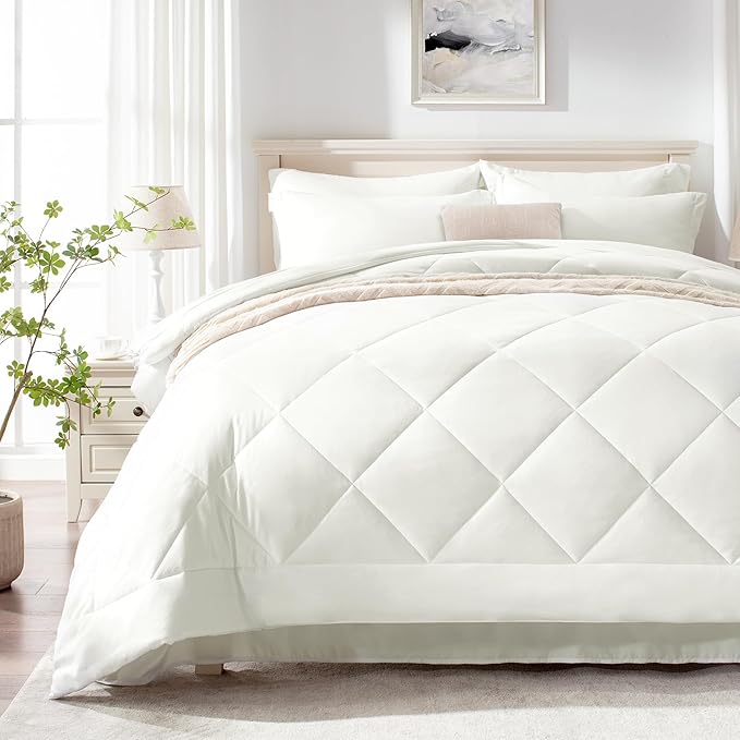 Love's cabin Twin XL Comforter Set Ivory, 5 Pieces Twin XL Bed in a Bag, All Season Bedding Sets with 1 Comforter, 1 Flat Sheet, 1 Fitted Sheet, 1 Pillowcase and 1 Pillow Sham | Soft, Breathable, Lightweight, Comfortable