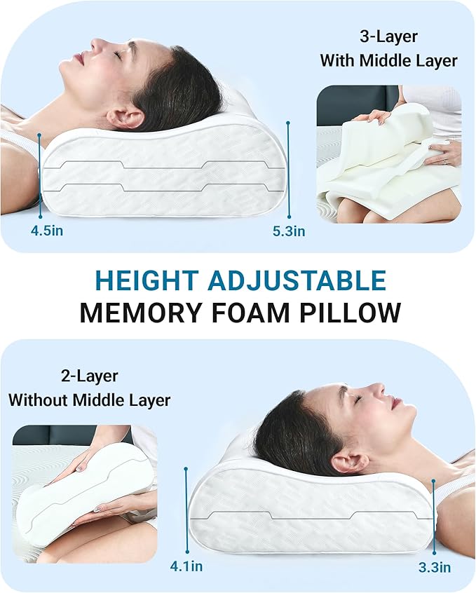 Elviros Memory Foam Pillows for Neck Pain Relief, Adjustable Height Cooling Bed Pillow for Sleeping, Ergonomic Orthopedic Cervical Neck Pillow for Side and Back Sleepers, Queen Size, 23.6"×14"×5.3"