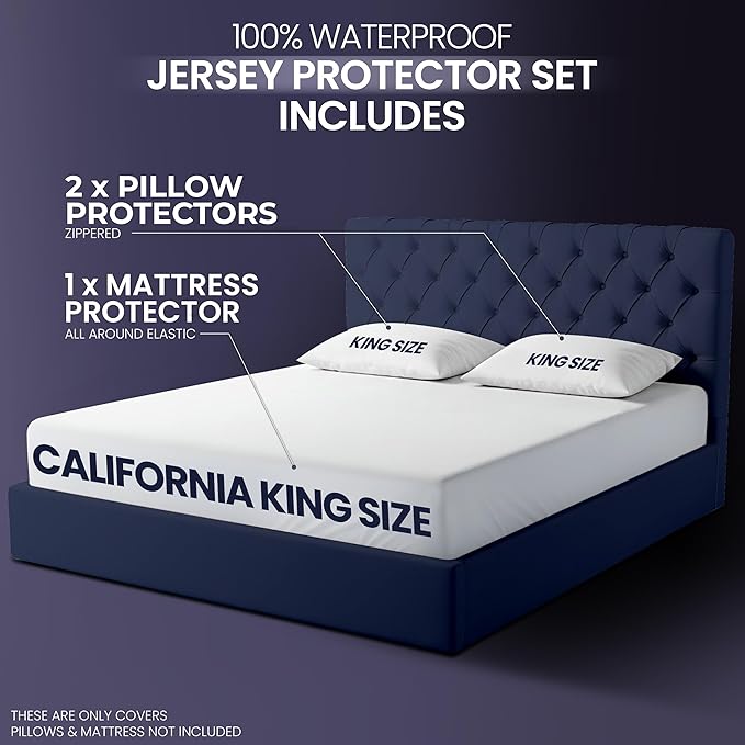 Waterproof Mattress Protector and Pillow Cases, California King Size, Includes +2 Zippered Pillow Protectors and 1 Mattress Cover Set, Fitted Sheet Style Deep Pockets with All Around Elastic