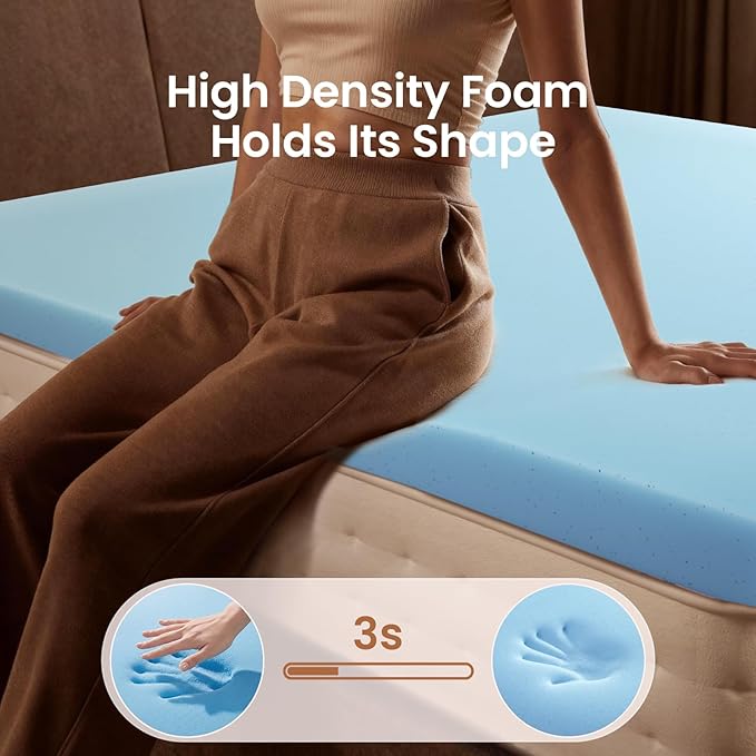 OhGeni3 Inch Cooling Queen Size Gel Memory Foam Mattress Topper Pad,Soft Bed Cover with Anti-Slip Base &Zipper,Fits 6"-19" Mattresses with Straps,Extra Comfort for Sleep&Back Pain Relief