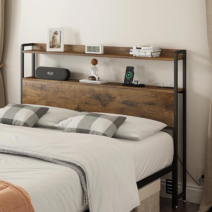 METYERRY Adjustable Full Size Headboard with Outlets, USB Ports,Type-C LED Lights, and Storage, Rustic Brown, Sturdy Bed Frame Headboard for Enhanced Comfort and Functionality, Full Size