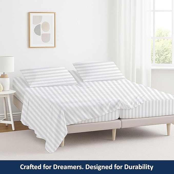 5 Piece Split Cal King Sheet Set, 100% Egyptian Cotton, 16 Inch Deep Pockets, White Stripe, Soft Cooling Sheets for Adjustable Beds, Sleep Number Beds, Split Cal King Mattress Sheet Set