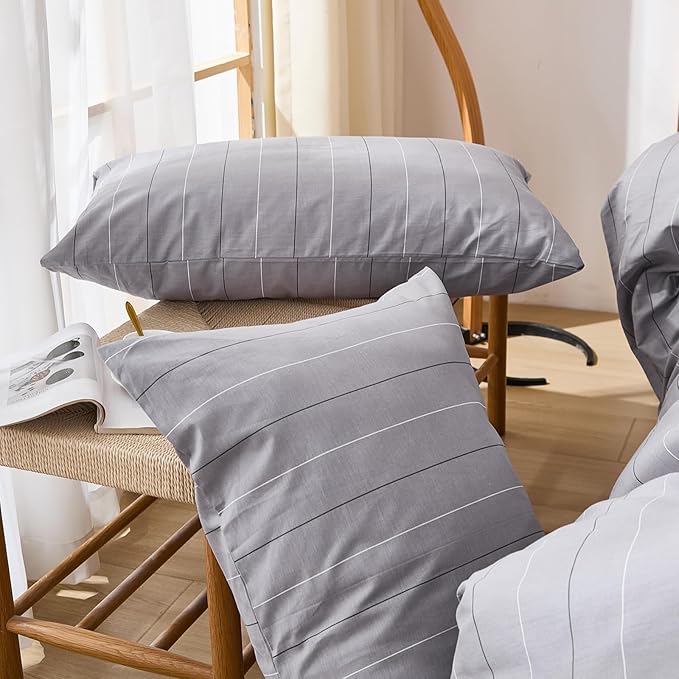 Merryword Gray Striped Pillowcases, 100% Cotton Pillow Cases, King Size Pillowcases, Soft Breathable Pinstripe Pillow Covers, Set of 2