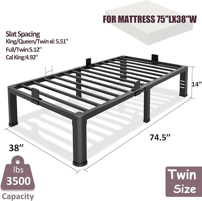 Bilily 14 Inch Twin Bed Frame Metal Platform with Round Corner Legs,3500 LBS Heavy Duty Steel Slats Support,Headboard Compatible,No Box Spring Needed,Easy Assembly,Mattress Retainer,Underbed Storage