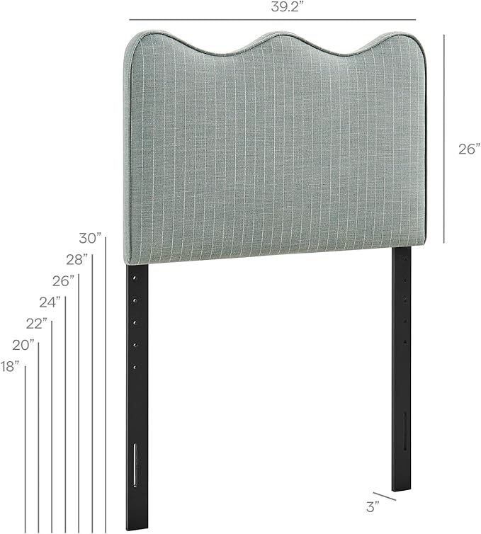 Monday Athena Striped Fabric Upholstered Twin Size Adjustable Headboard in Spa Blue Stripe - with Scalloped Wave Design and Soft Linen-Like Fabric