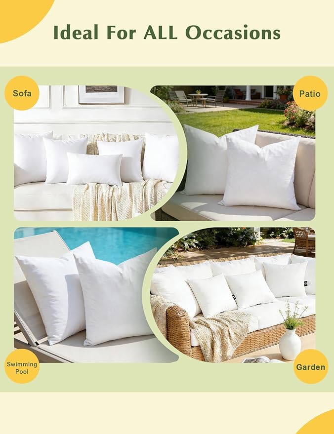 TOPGREEN Feathers Down Outdoor Pillow Inserts 16x16 (Set of 2, White), 100% Organic Cotton Shell, Fluffy Soft Water-Resistant Throw Pillows for Sofa, Patio Furniture and Garden