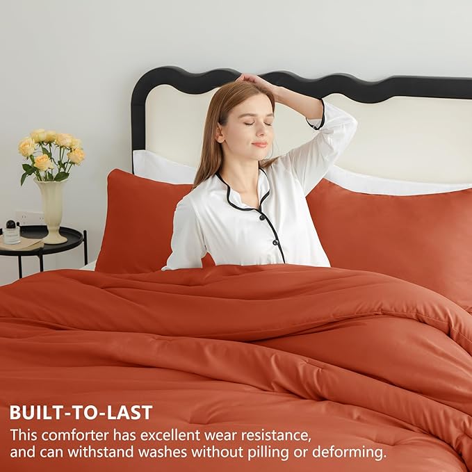 CozyLux California King Comforter Set Burnt Orange, 3 Pieces Cal King Terracotta Solid Breathable Bedding Sets, Luxury Soft Lightweight Bed Set with Down Alternative Comforter and 2 Pillowcases
