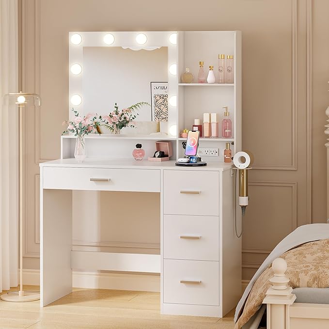 JUMMICO 39" Vanity Desk with Mirror & Power Outlet, 10 Lights, Makeup Vanity Table with 4 Large Drawers and 3 Storage Shelves, 3 Model Adjustable Lights for Bedroom & Dressing Room (White)