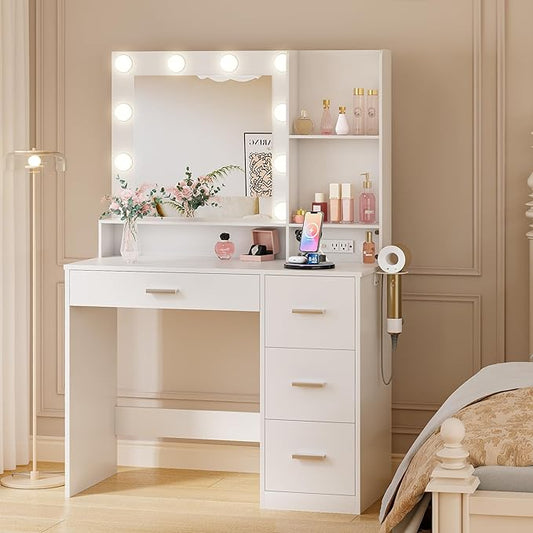 JUMMICO 39" Vanity Desk with Mirror & Power Outlet, 10 Lights, Makeup Vanity Table with 4 Large Drawers and 3 Storage Shelves, 3 Model Adjustable Lights for Bedroom & Dressing Room (White)