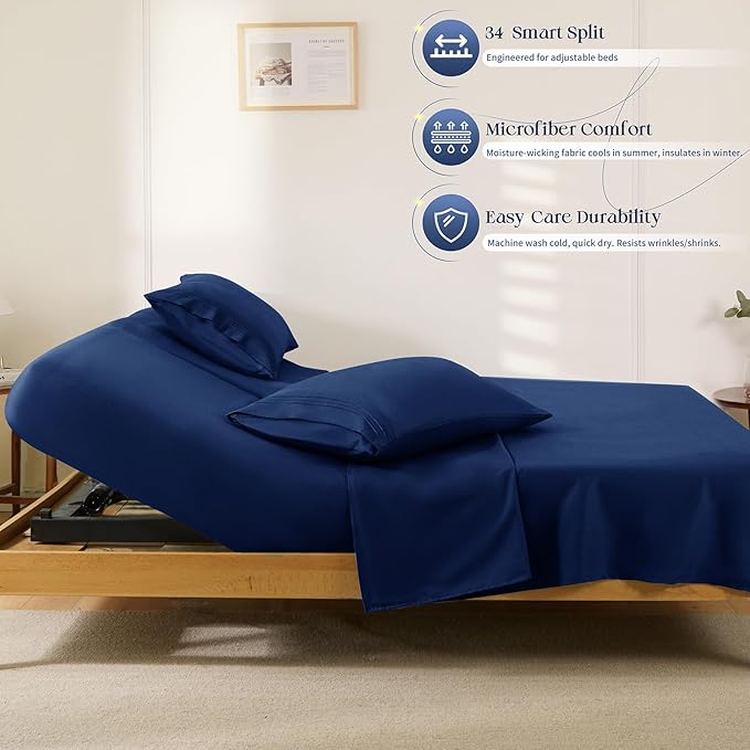 Manyshofu 4 Piece Split Head California King Sheets Sets for Adjustable Bed Sheet, Flex Head Split Top Cal King Sheets Navy Blue Sheet Set - 1800 Thread Count Bedding Set with Deep Pockets