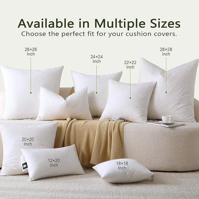 DWR Set of 2 Feather Down Throw Pillow Inserts 20x20 with Organic Cotton Cover, Feather Square White Decorative Pillow Inserts for Bed, Sofa, and Couch