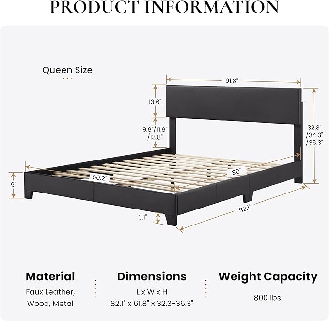 SHA CERLIN Black Queen Platform Upholstered Bed Frame with 3 Level Height-Adjustable headboard, Wood Slats Support, No Box Spring Needed, Easy Assembly, Easy Clean Up