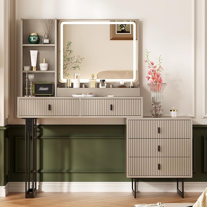 Ieejdn Large Vanity Desk with 3 Color Touch Screen Dimming Mirror, Vanity Desk with Charging Station, Modern Retractable Makeup Dressing Table, Makeup Table with Storage Shelves and 5 Sliding Drawers