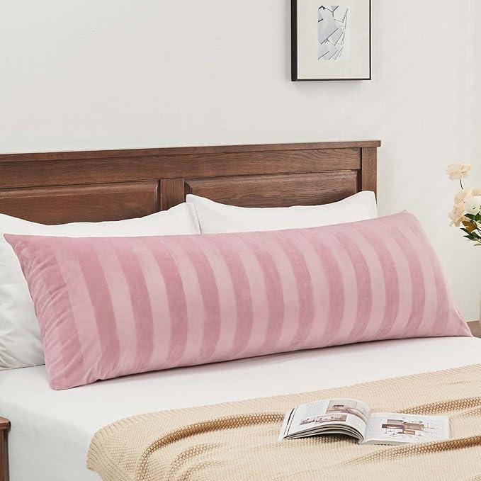 BEDELITE Velvet Body Pillow Cover with Zipper, Soft and Plush 20x54 Long Pillow Case, Velvety Smooth and Cozy Body Pillow Pillowcase for Bedroom, for All Seasons(Dusty Pink-Stripe)