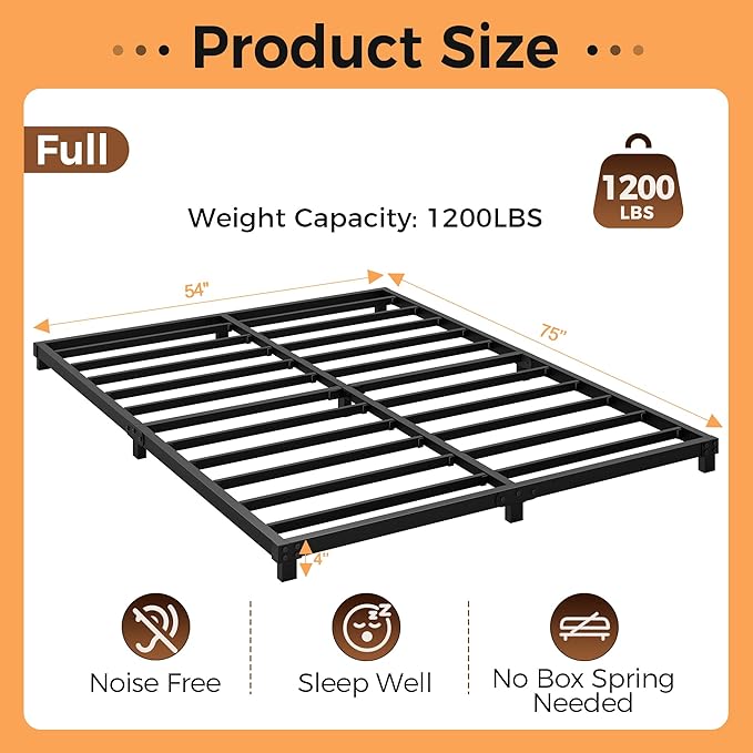 4 Inch Bed Frames Full Size Low Profile Metal Platform Bed Frame Heavy Duty Steel Slat Support, No Box Spring Needed, Easy Assembly, Noise Free