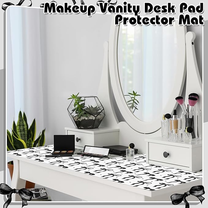 Teenyyou Coquette Bow Makeup Mat for Vanity Top Protector Graduation Gift Dual Side Leather Desk Mouse Pad Girly Waterproof Nonstick Dressing Accessories for Women Home Office(Black,15.7"x31.5")