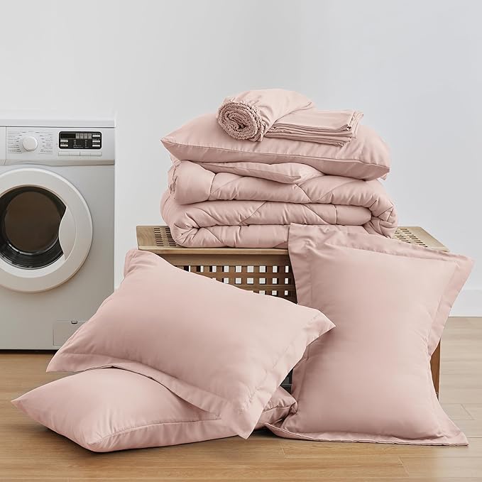 Love's cabin California King Comforter Set Pink, 7 Pieces California King Bed in a Bag, All Season Bedding Sets with 1 Comforter, 1 Flat Sheet, 1 Fitted Sheet, 2 Pillowcase and 2 Pillow Sham | Soft, Breathable, Lightweight, Comfortable