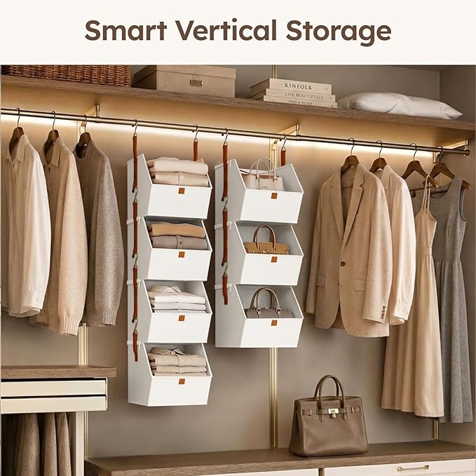 Homsorout Collapsible Hanging Closet Organizer - 3 Tier Closet Shelves Storage System with Hooks, Fabric Hanging Storage Bins for Clothes, Foldable Storage Basket for Laundry, Bedroom, Rv, White