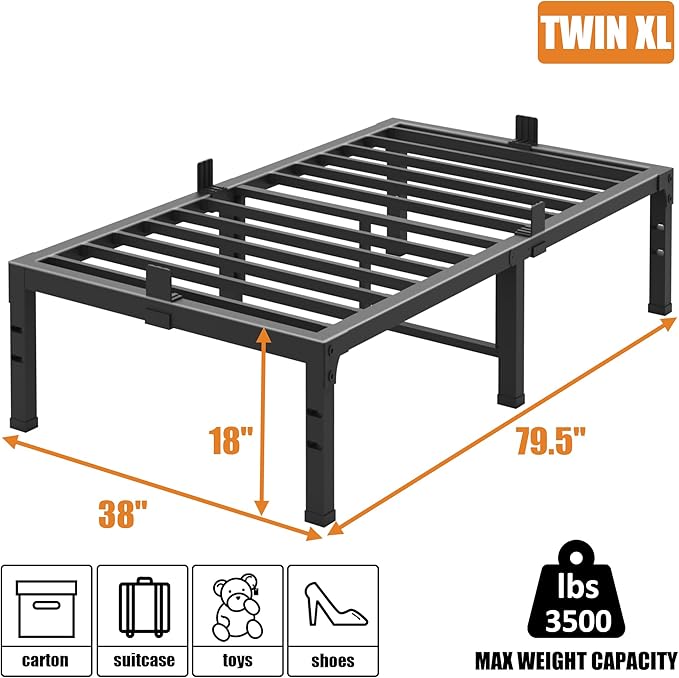 FUIOBYVV Twin XL Bed Frames 18 Inch Heavy Duty Metal Platform Bed Frame Twin Size Support Up to 3500 lbs,No Box Spring Needed,No Shaking,Steel Slat Support,Noise Free,Easy Assembly