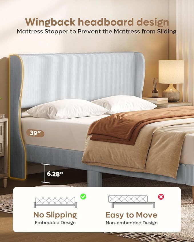 Bestier Queen Bed Frame with Wingback Headboard,Upholstered Platform Queen Size Bed with Strong Wooden Slats,No Box Spring Needed,Never Squeaks,Easy Assembly,Light Grey